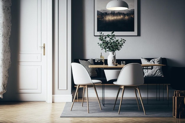 Un ejemplo de una hermosa casa con una mesa y sillas.