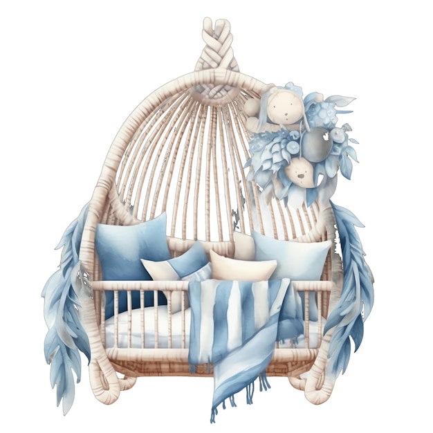 Ejemplo lindo de la acuarela de la cama del bebé azul