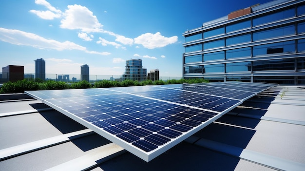 un ejemplo de prácticas empresariales ecológicas en acción El edificio comercial está adornado con paneles solares que aprovechan el poder del sol La convergencia de tecnología y sostenibilidad