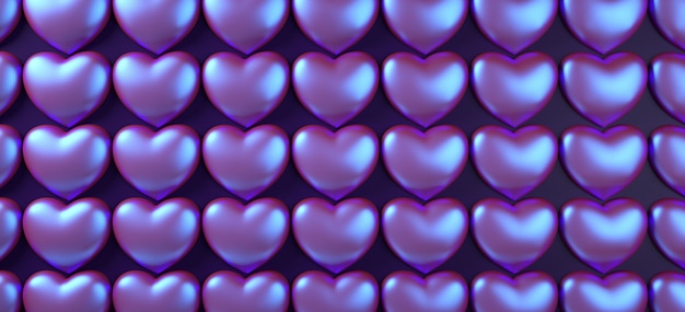 Ejemplo de la representación del modelo 3d del fondo de los corazones del día de tarjetas del día de San Valentín. Púrpura neón holográfico plano laical.