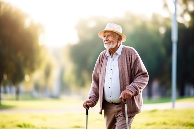 Ejercicio de ancianos y hombre con bastón para el bienestar de la salud o el deporte en el parque creado con ai generativo