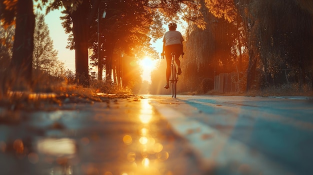 Ejercicio en bicicleta en el camino matutino entre el amanecer