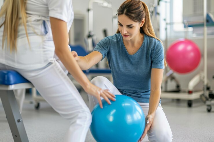 Un ejercicio de fisioterapia con una pelota de gimnasia azul