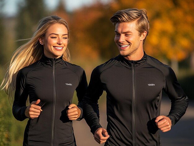 Ejercicio matutino Una pareja corriendo por un sendero del parque