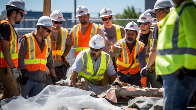 Foto un ejercicio de seguridad en la construcción en curso con trabajadores que participan en una formación de emergencia