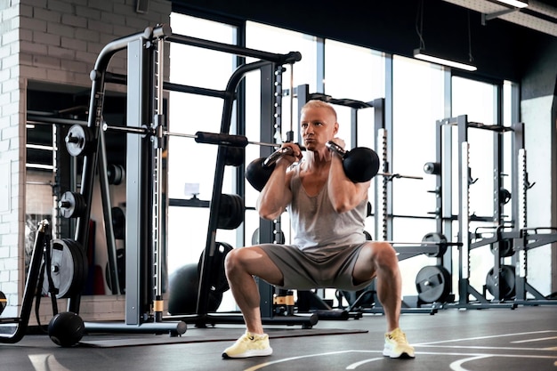 Ejercicio de sentadillas con kettlebells Atleta de mediana edad haciendo ejercicio funcional en el gimnasio