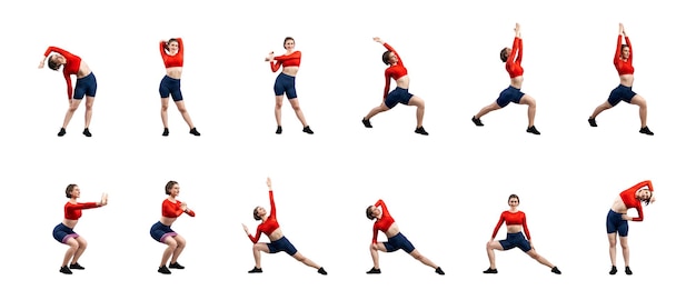 Ejercicio de yoga de meditación en un fondo aislado en alegría tiro de longitud total del cuerpo
