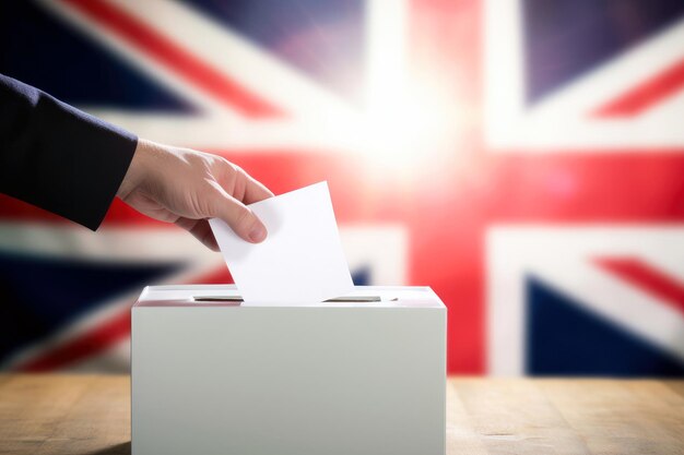 Ejerciendo la elección democrática Una mano de hombre cerca de la bandera británica en la urna de votación