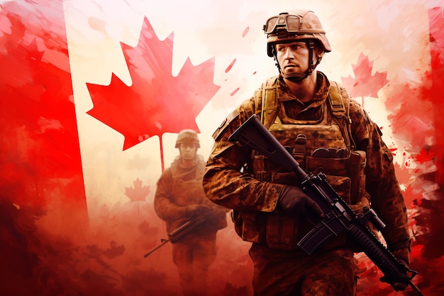 Ejército canadiense sobre un fondo de bandera canadiense Imagen artística del ejército generada por IA