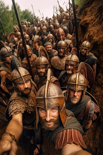 El ejército de guerreros antiguos hace una fotografía selfie en el campo de batalla en la IA generativa de verano