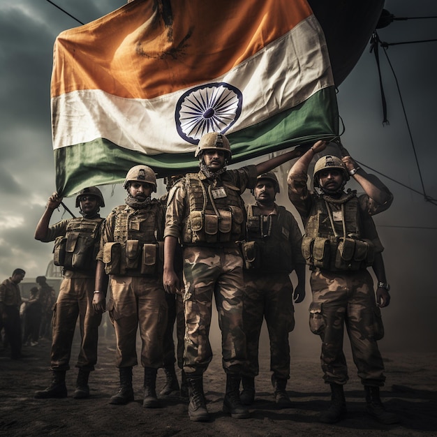 Un ejército indio que alberga la bandera de la India