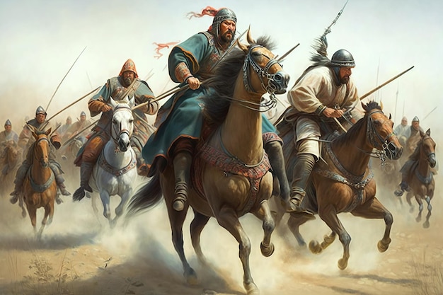 Ejército mongol dirigido por Genghis Khan Antigua caballería de soldados armados a caballo sobre caballos Ilustración del histórico ejército mongol en combate creado por IA generativa