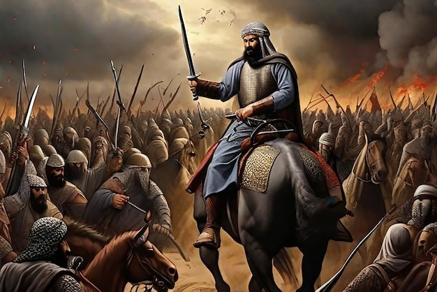 El ejército mongol liderado por la antigua caballería de soldados a caballo armados a caballo del histórico ejército mongol en combate creado
