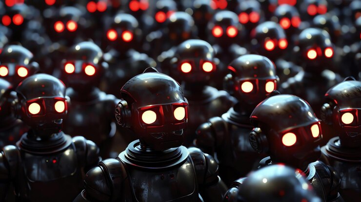 Foto un ejército de robots sin rostro con ojos rojos brillantes