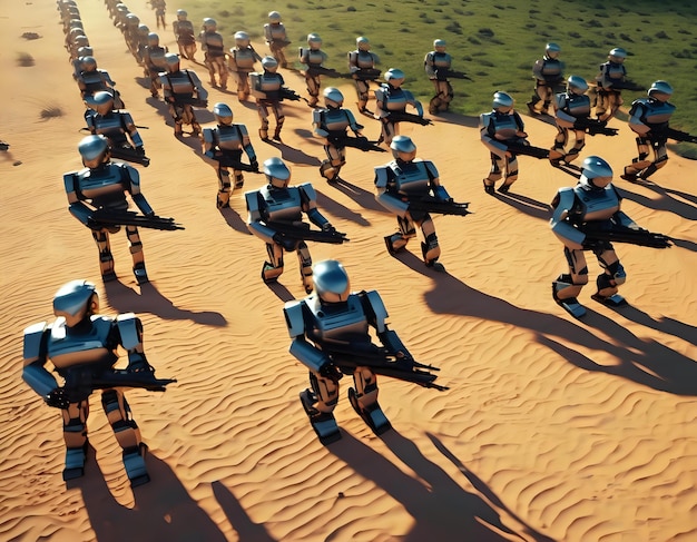 Un ejército de soldados robóticos marchando en formación en un campo de batalla