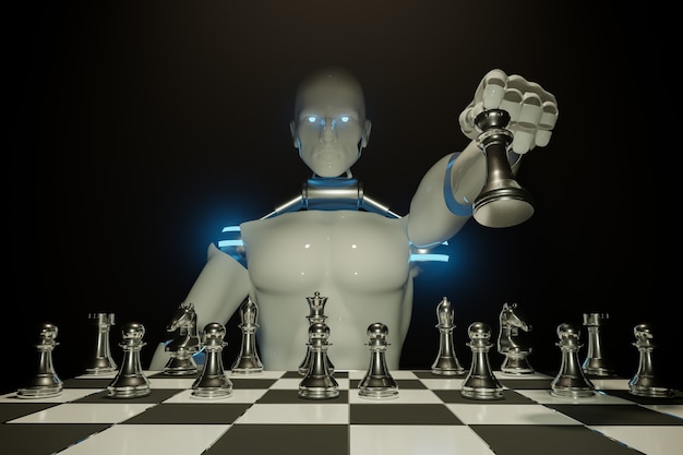 Ejércitos de ajedrez de robots en el tablero de ajedrez de madera. Lugar vacío para texto. batalla de ajedrez, victoria de ajedrez, concepto de ajedrez, ilustración 3d