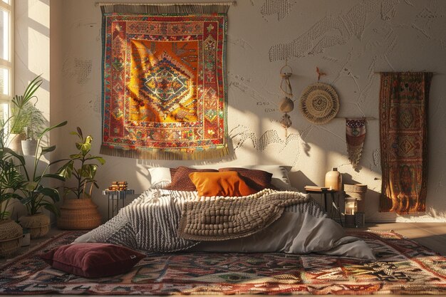 Eklektisches böhmisches Schlafzimmer mit Wandteppichakzenten oc