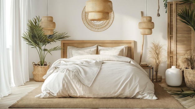 Eklektisches Komfort-Boho-Chic-Schlafzimmer mit trendigen Rattan-Hausaccessoires