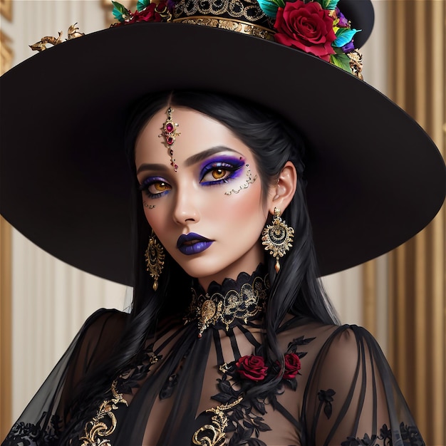 El Dia De Muertos Retrato de uma mulher com maquiagem de caveira de açúcar sobre fundo desfocado