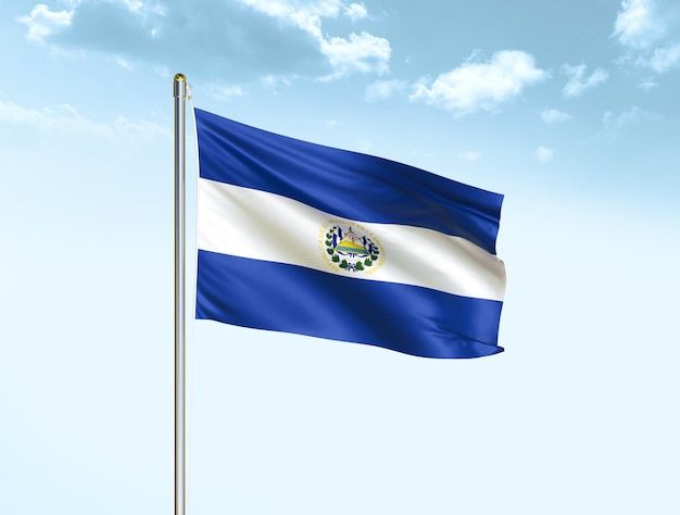 El Salvador Nationalflagge weht in blauem Himmel mit Wolken El Salvador Flagge 3D-Darstellung