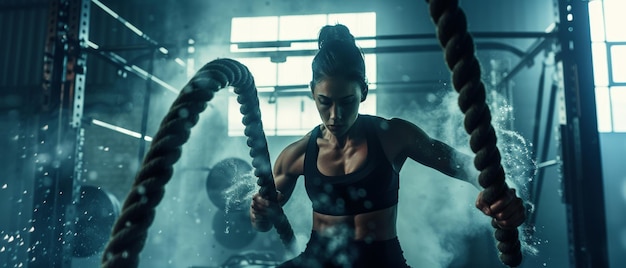 Foto ela é musculosa e suada e o ginásio está num edifício industrial. a atleta faz exercícios com cordas de batalha durante o seu treino de fitness de alta intensidade.