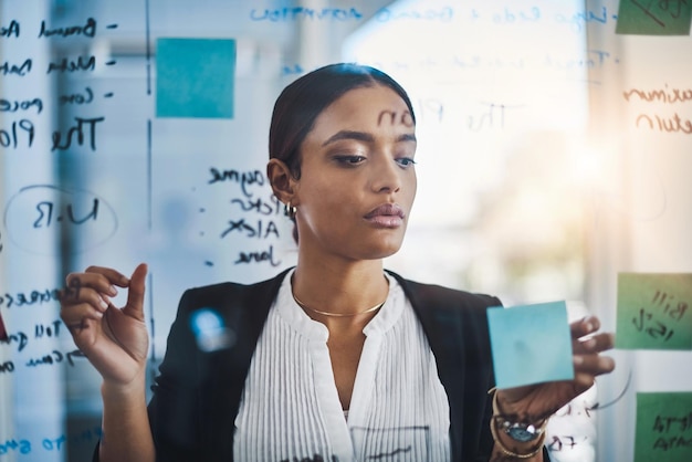 Ela sempre faz um plano Foto de uma jovem empresária fazendo brainstorming de notas em uma parede de vidro em um escritório