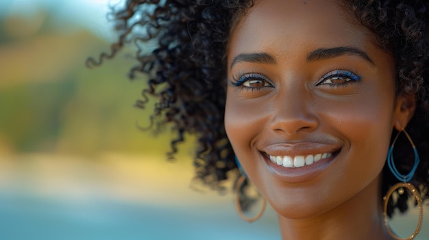 Ela usa um anel de coquetel azul e pestanas falsas enquanto sorri bela mulher africana