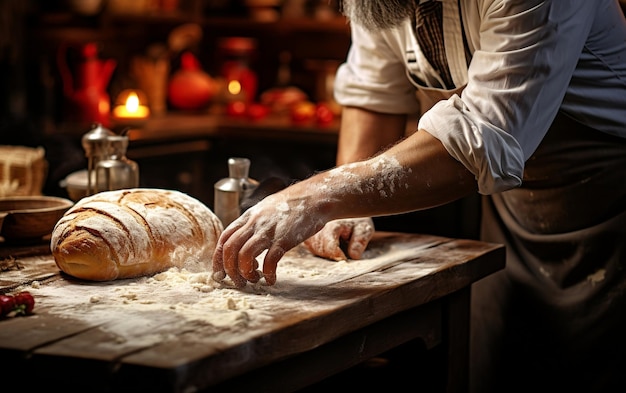 Foto elaboración de pan artesanal masa rústica enrollada a mano en la cocina casera ai