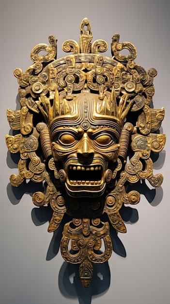 Elaborada máscara azteca de oro y dos colgantes laterales imágenes