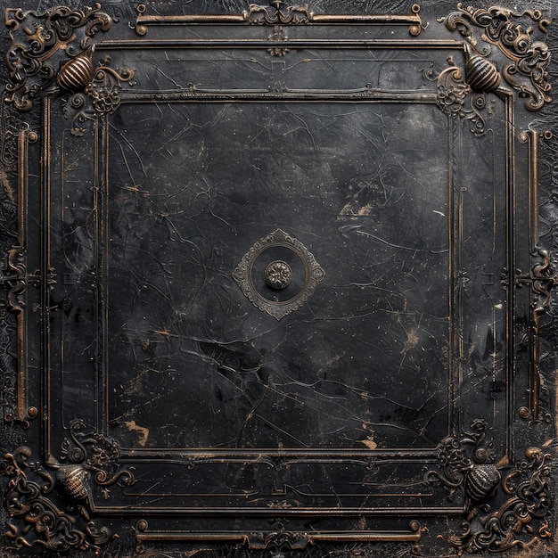 Un elaborado marco antiguo adornado con intricacias barrocas un acabado de bronce antiguo colocado contra cuero angustiado bajo una iluminación suave