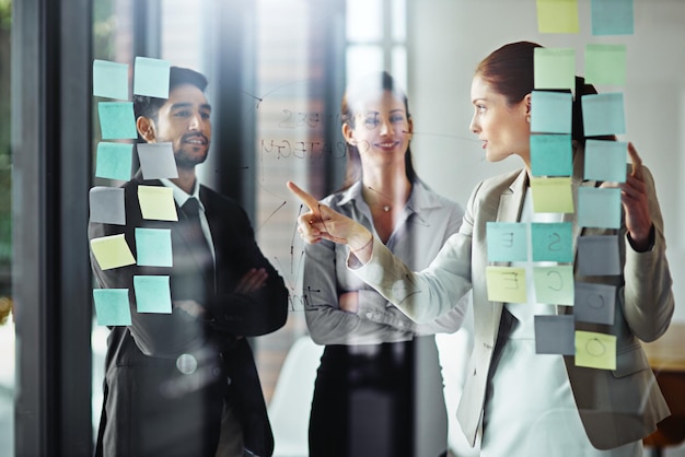 Elaborando seu plano em equipe Foto de um grupo de empresários fazendo brainstorming em uma parede de vidro com notas adesivas em um escritório