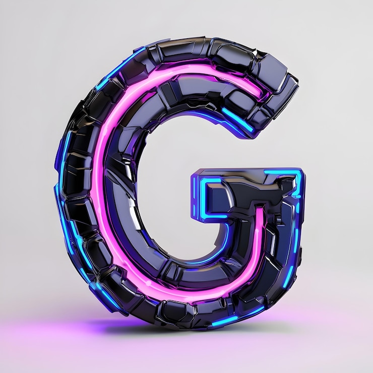 Foto elástica y futurista letra 3d metálica g con acentos de neón vibrantes y patrones geométricos