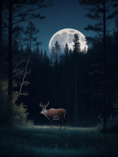 Elc salvaje desierto en el bosque luna en la noche