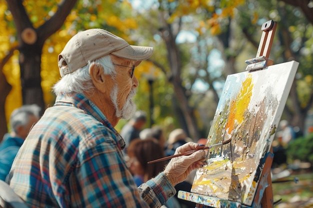 Foto elderly artist painting outdoors in the park on a sunny day concept of nursing home or house