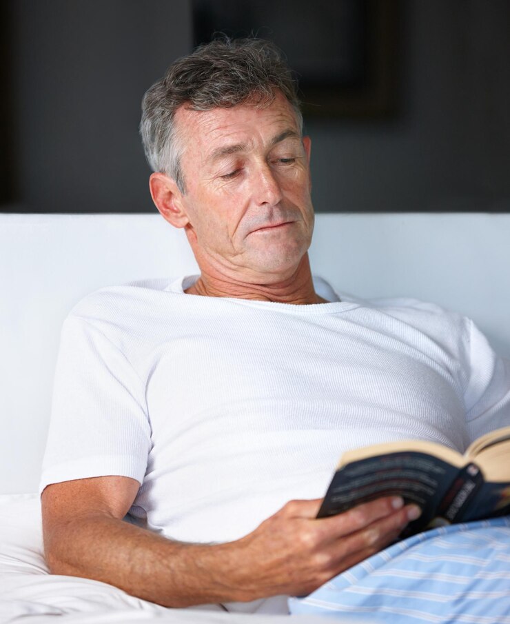 Foto ele está lendo um best-seller foto de um homem maduro lendo um livro na cama