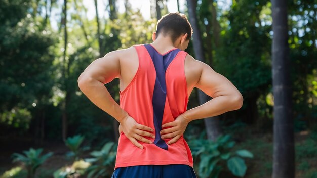 Ele exagerou desta vez com o seu treino de visão traseira de um jovem desportivo segurando as costas i