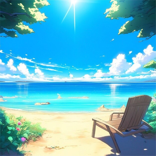 Ele senta-se na areia e observa o céu o mar azul e o sol brilhante