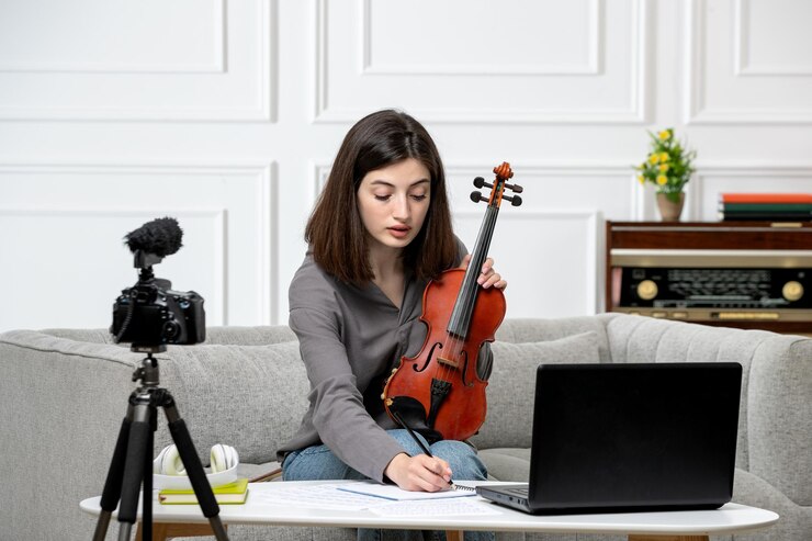Foto elearning dando clases de violín de forma remota en casa joven linda hermosa chica en cámara