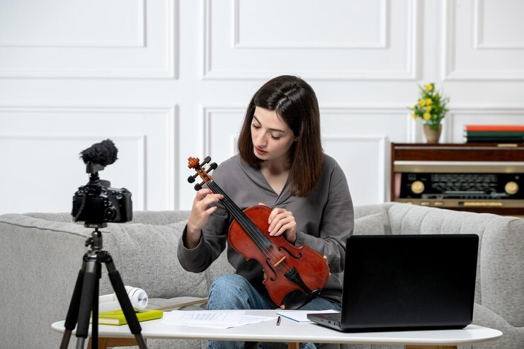 Foto elearning de forma remota en casa dando clases de violín joven linda hermosa niña mostrando cómo tocar