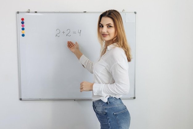 Elearning Joven maestra de pie en el aula frente a la computadora portátil y realizando una lección de matemáticas en línea a través de video chat El concepto de educación a distancia