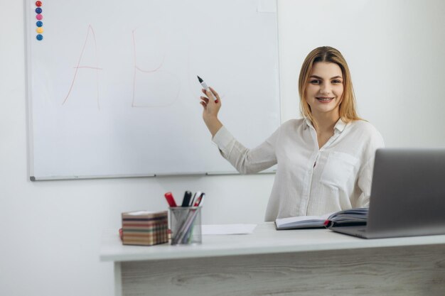 Elearning Joven maestra sentada en el aula frente a la computadora portátil y realizando lecciones en línea a través de video chat El concepto de educación a distancia