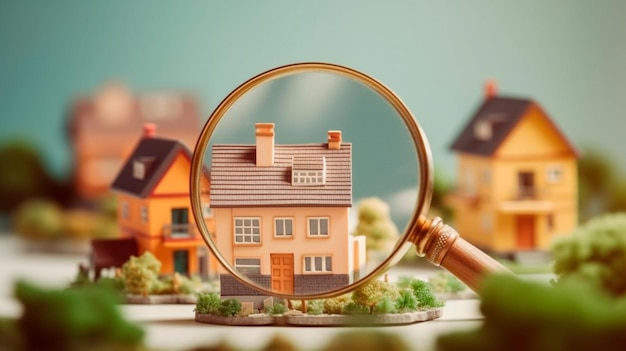 Elección de bienes raíces para comprar e invertir en Concepto de búsqueda de casa con lupa Buscar una casa nueva o un préstamo hipotecario para el hogar y el concepto de inversiones Ilustrador generativo de IA