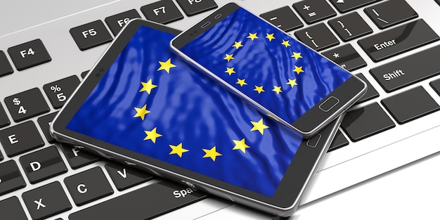 Elección de votación en línea de la Unión Europea Dispositivos electrónicos con pantalla de bandera de la UE ilustración 3d