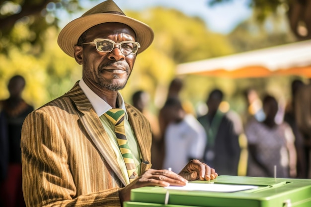 Elecciones en Zimbabue Anciano africano con chaqueta a rayas de color arena sombrero gafas corbata brillante y camisa blanca está parado afuera cerca de una urna El concepto de elecciones en ÁfricaCopiar espacio