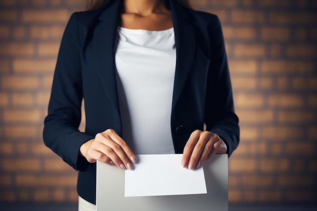 Elector femenino o femenino sostiene el sobre en su mano Boleta de voto para voto de calidad Generativo ai