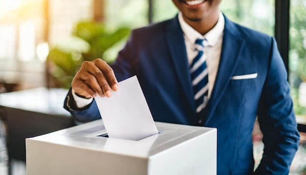 Elector que emite su voto con determinación mano que coloca su voto en la caja de votación democracia deber cívico ele