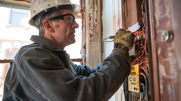 El electricista actualiza el cableado eléctrico en una casa histórica con equipo de seguridad