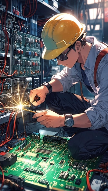 Electricista anime arreglando un circuito complejo