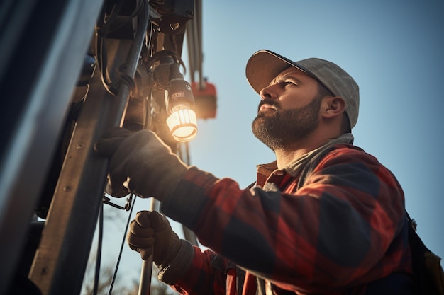 Un electricista arreglando un poste de energía con IA generativa