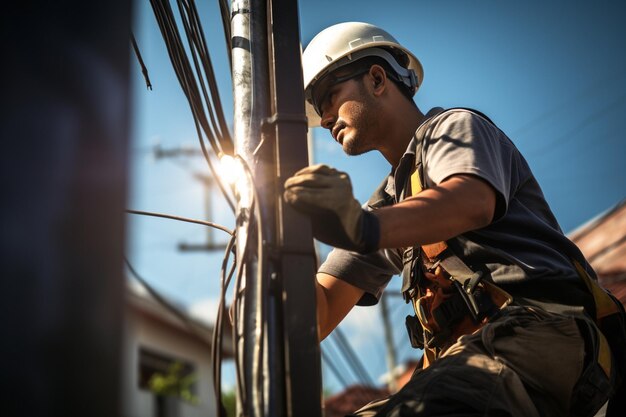 Un electricista arreglando un poste de energía con IA generativa